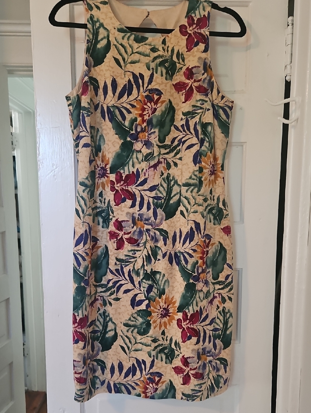 Maggy London Silk Cream Floral Dress with Green Leaves and Multicolor Blooms